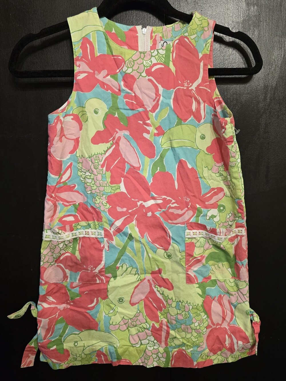 Lilly Pulitzer Coral, Lime & Aqua Floral Shift Dress With Parrots Girls Size 7